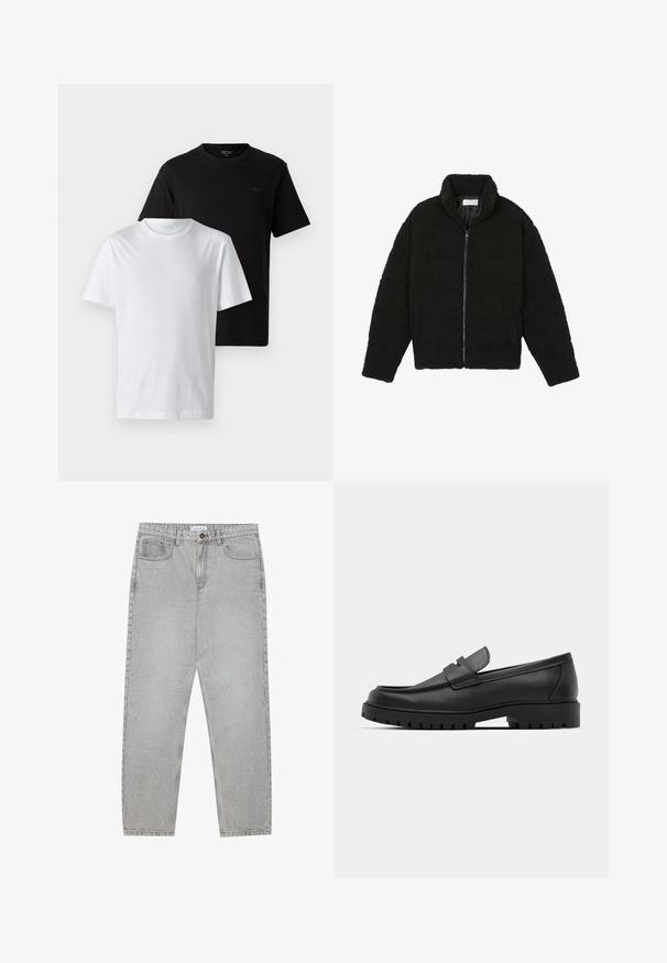 Chaqueta negra y esponjosa con cremallera, hecha de tela de forro polar texturizada. Cuenta con un cuello alto y bolsillos laterales. Forma rectangular del cuerpo con mangas largas.; Dos camisetas exhibidas, una negra y una blanca. Ambas presentan un diseño de cuello redondo y un pequeño logo en el pecho, fabricadas en material de algodón.; Pantalones de mezclilla gris claro con un diseño de pierna recta, estilo de cinco bolsillos y cierre de botón. Costuras visibles a lo largo de las costuras.; Mocasines de cuero negro con punta redonda, que cuentan con un diseño cosido, suela de plataforma baja y una suela de goma texturada y con tacos.