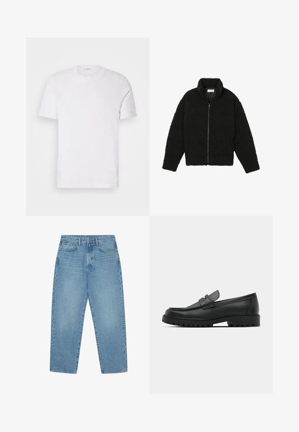 Chaqueta negra y esponjosa con cremallera, hecha de tela de forro polar texturizada. Cuenta con un cuello alto y bolsillos laterales. Forma rectangular del cuerpo con mangas largas.; Camiseta de algodón blanca con cuello redondo y mangas cortas. Presenta un sutil logo de la marca en el frente, textura suave y un corte clásico.; Pantalones vaqueros de mezclilla azul claro con corte de pierna recta, diseño de cinco bolsillos y textura ligeramente desgastada. Cuentan con cierre de botón y cremallera.; Mocasines de cuero negro con punta redonda, que cuentan con un diseño cosido, suela de plataforma baja y una suela de goma texturada y con tacos.