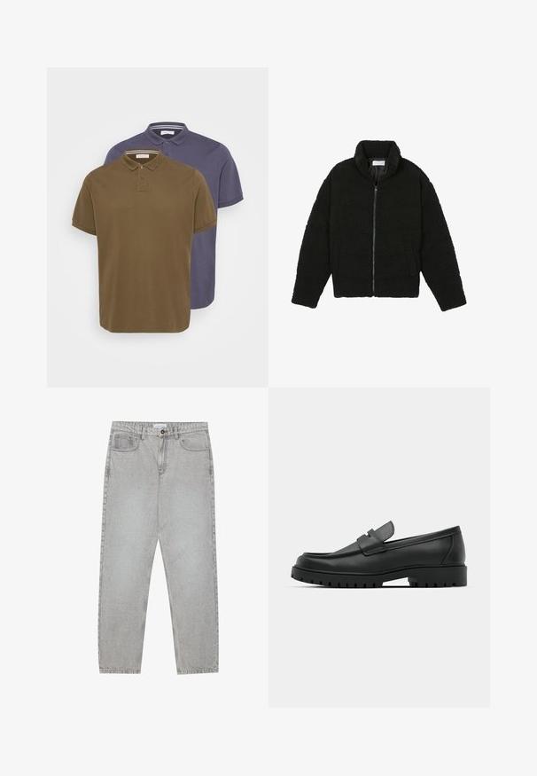 Schwarze, flauschige Jacke mit Reißverschluss aus strukturiertem Fleece-Stoff. Verfügt über einen hohen Kragen und Seitentaschen. Rechteckige Körperform mit langen Ärmeln.; Zwei Poloshirts in olivgrün und marineblau. Kurze Ärmel, klassischer Kragen, Knopfleiste mit drei Knöpfen. Glattes Baumwollgewebe.; Helle graue Jeanshose mit gerade geschnittenem Design, Fünf-Taschen-Stil und Knopfverschluss. Sichtbare Nähte entlang der Seitennähte.; Schwarze Lederloafer mit runder Zehenform, ausgestattet mit einem gesteppten Design, niedrigem Plattformsohle und einer strukturierten, genoppten Gummisohle.
