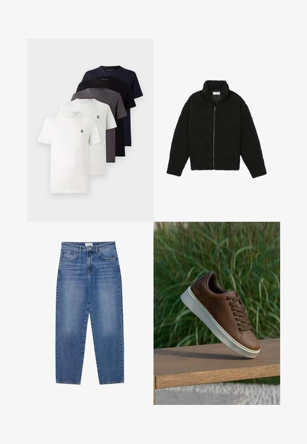 Giacca nera, soffice e con chiusura a zip, realizzata in tessuto in pile testurizzato. Presenta un collo alto e tasche laterali. Forma del corpo rettangolare con maniche lunghe.; Cinque t-shirt a manica corta in cotone, nei colori bianco, grigio chiaro, grigio scuro, blu navy e nero, con un piccolo logo sul petto.; Jeans in denim blu con vita alta, design a gamba dritta e finitura sbiadita. Presentano cinque tasche e chiusura con bottone.; Sneaker in pelle marrone con suola in gomma bianca, punta arrotondata e lacci marroni. Grip testurizzato sulla suola e finitura liscia sulla parte superiore.