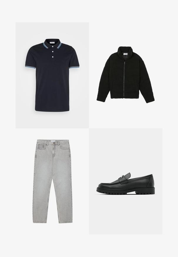 Fekete, bolyhos, cipzáras kabát texturált fleece anyagból. Magas gallérral és oldalzsebekkel rendelkezik. Téglalap alakú test és hosszú ujjak.; Lindbergh CONTRAST PIPING - Pólóing - navy; Világosszürke farmernadrág egyenes szabással, öt zsebes stílusban, gombos záródással. Látható varrások az illesztéseknél.; Fekete bőr loafer cipők kerek orral, varrott mintázattal, alacsony platformtalpú és texturált, barázdált gumitalppal.