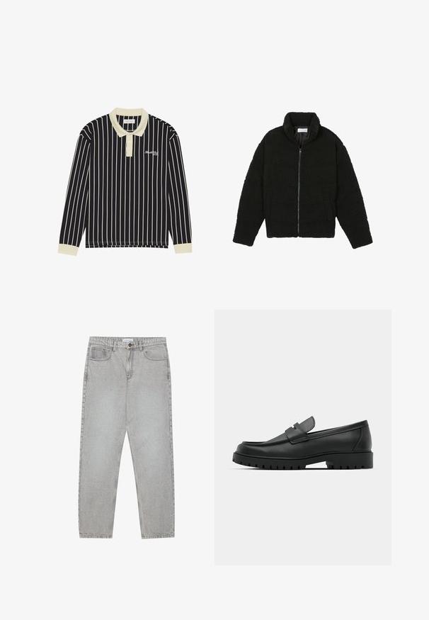 Jachetă neagră, pufoasă, cu fermoar, fabricată din material fleece texturat. Are un guler înalt și buzunare laterale. Formă dreptunghiulară a corpului cu mâneci lungi.; Tricou polo cu mânecă lungă, cu dungi verticale bleumarin și crem, guler crem, deschidere cu trei butoane și logo brodat pe partea stângă a pieptului.; Pantaloni din denim gri deschis cu un design cu picioare drepte, stil cu cinci buzunare și închidere cu nasture. Cusături vizibile de-a lungul cusăturilor.; Mocasini din piele neagră cu vârful rotunjit, având un design cusut, talpă joasă și o talpă din cauciuc texturat, cu crampoane.