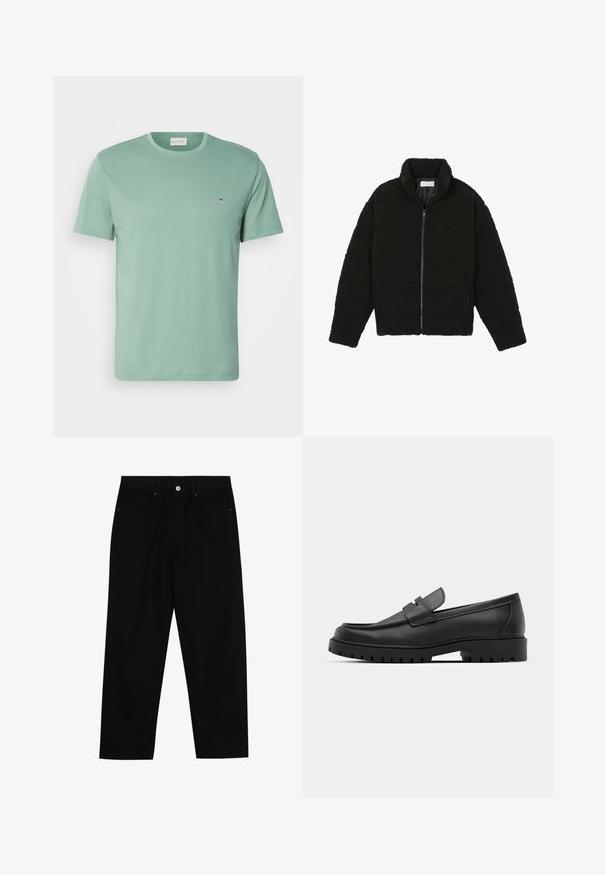 Schwarze, flauschige Jacke mit Reißverschluss aus strukturiertem Fleece-Stoff. Verfügt über einen hohen Kragen und Seitentaschen. Rechteckige Körperform mit langen Ärmeln.; Hellgrünes Baumwoll-T-Shirt mit Rundhalsausschnitt, kurzen Ärmeln und einem kleinen Emblem in der Nähe der linken Brust. Weicher Stoff, normale Passform.; Schwarze Jeans mit geradem Bein, zwei vorderen Taschen, Knopfleiste und dezenten Steppnähten.; Schwarze Lederloafer mit runder Zehenform, ausgestattet mit einem gesteppten Design, niedrigem Plattformsohle und einer strukturierten, genoppten Gummisohle.