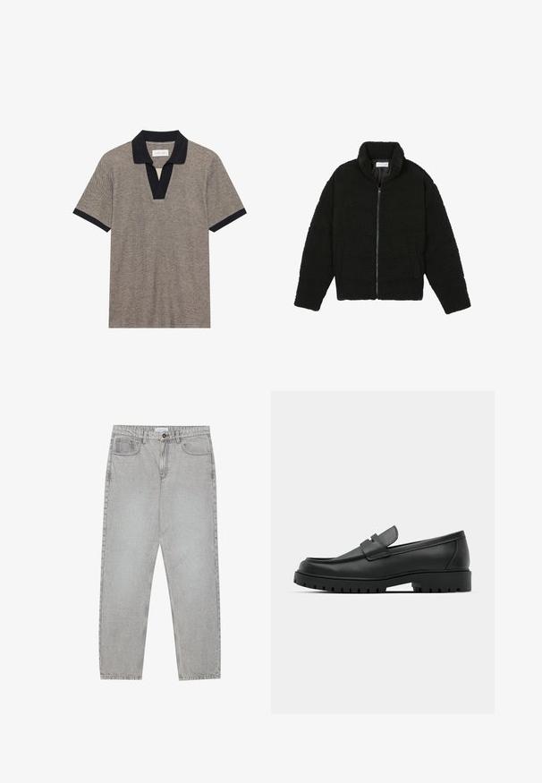 Zwarte, pluizige jas met ritssluiting gemaakt van gestructureerde fleece stof. Heeft een hoge kraag en zijzakken. Rechthoekige lichaamsvorm met lange mouwen.; Korte mouwen polo-shirt in een textuurstof in beige met een contrasterende zwarte kraag en knopenlijst. Bevat een V-hals ontwerp en aansluitende mouwen.; Lichtgrijze denimbroek met een recht model, vijfzakkenstijl en een knoopsluiting. Zichtbare stiksels langs de naden.; Zwarte leren instappers met een ronde neus, voorzien van een gestikt ontwerp, een lage platformzool en een gestructureerde, grof rubberen buitenzool.