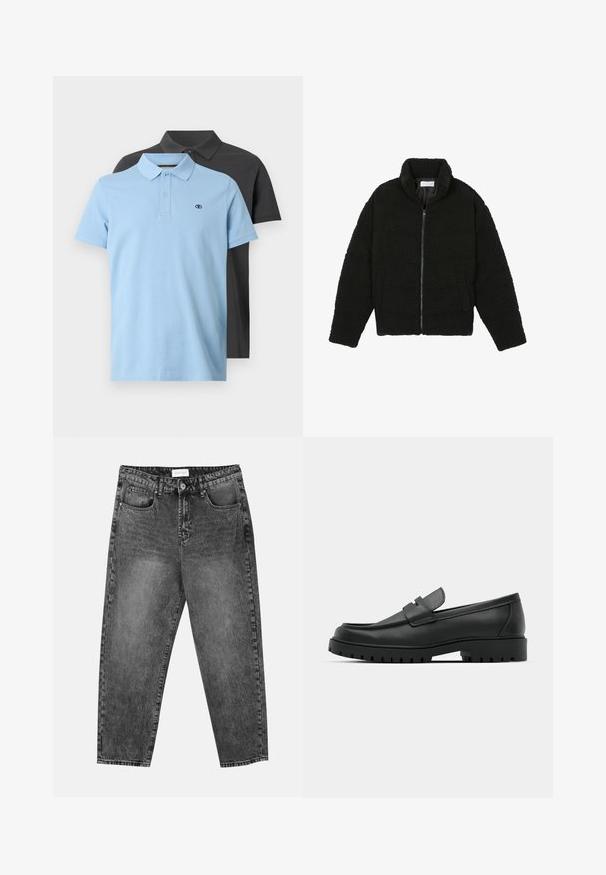 Črna, puhasta jakna z zadrgo, narejena iz teksturirane flis tkanine. Ima visok ovratnik in stranske žepe. Pravokotna oblika telesa z dolgimi rokavi.; Dve polo majice: ena svetlo modra z ovratnikom in gumbi, in ena temno siva. Obe imata majhen logotip na prsih in kratke rokave.; Črne jeanse ravnega kroja z sprednjimi in zadnjimi žepi, zankami za pas in gumbom za zapiranje na pasu.; Črne usnjene loafers čevlje z zaobljenim nosom, ki imajo šivano zasnovo, nizko platformo in teksturiran, profiliran gumijast podplat.