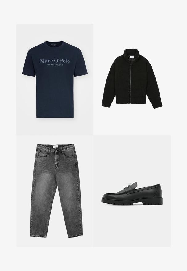 Musta, pörröinen vetoketjullinen takki, valmistettu teksturoidusta fleecemateriaalista. Siinä on korkea kaulus ja sivutaskut. Suorakaiteen muotoinen vartalo ja pitkät hihat.; Navy sininen puuvillapaita, jossa on pyöreä kaula-aukko, lyhyet hihat ja edessä teksti: "Marc O'Polo EST. IN STOCKHOLM" vaaleammalla värillä.; Mustat pesetyt suorat farkut, joissa on etu- ja takataskut, vyölenkit ja nappisuljenta vyötäröllä.; Musta nahkaloafers, joissa on pyöreä kärki, ommeltu pinta, matala alusta ja kuvioitu, kuminen ulkopohja.