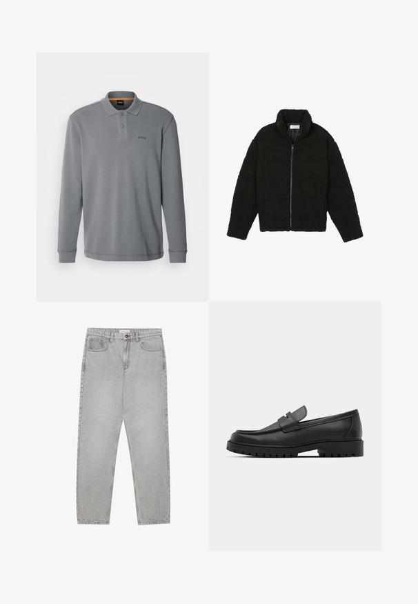 Must, kohev lukuga jope, valmistatud tekstureeritud fliiskangast. Omadusteks kõrge krae ja küljetaskud. Ristkülikukujuline keha pikkade varrukatega.; BOSS PETEMPESTOLONG - Pikkade varrukatega topp - dark grey; Heledad hallide denimpüksid otse säärekujundusega, viie-taskulise stiliseerimise ja nupukinnitusega. Nähtav õmblus kõrvuti.; Mustad musta nahast loafers, millel on ümar varvas, tikandiga disain, madal platvorm-soon ja tekstureeritud, soonikkummist välistald.