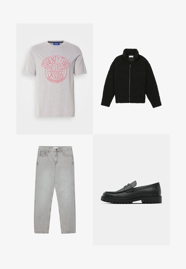 Μαύρο, αφράτο μπουφάν με φερμουάρ, κατασκευασμένο από υφασμάτινη υφή φλις. Διαθέτει ψηλό γιακά και πλαϊνές τσέπες. Ορθογώνιο σχήμα σώματος με μακριά μανίκια.; Γκρι βαμβακερή μπλούζα με ριγέ κόκκινη εκτύπωση που διαθέτει τις λέξεις "TWENTY TWO", "SCOTCH & SODA" και "AMSTERDAM". Κοντά μανίκια, κανονική εφαρμογή.; Ανοιχτό γκρι τζιν παντελόνι με ίσια γραμμή, πέντε τσέπες και κλείσιμο με κουμπί. Ορατές ραφές κατά μήκος των ραφών.; Μαύρα δερμάτινα λουστρίνια με στρογγυλή μύτη, που διαθέτουν ραμμένο σχέδιο, χαμηλή πλατφόρμα και υφή με λαστιχένια σόλα με προεξοχές.