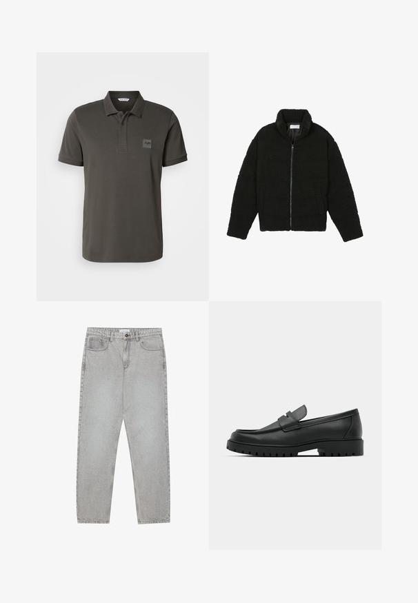 Casaco preto, fofo, com fecho e confeccionado em tecido de lã texturizada. Apresenta gola alta e bolsos laterais. Forma retangular no corpo com mangas compridas.; Camisa polo verde escura feita de algodão, com colarinho canelado, botão de três peças e um patch decorativo com logotipo no peito.; Calças de ganga cinza claro com um design de perna reta, estilo de cinco bolsos e fecho com botão. Costura visível ao longo das costuras.; Sapatilhas de couro preto com bico arredondado, apresentando um design cosido, sola de plataforma baixa e um solado de borracha texturizado e com cravos.
