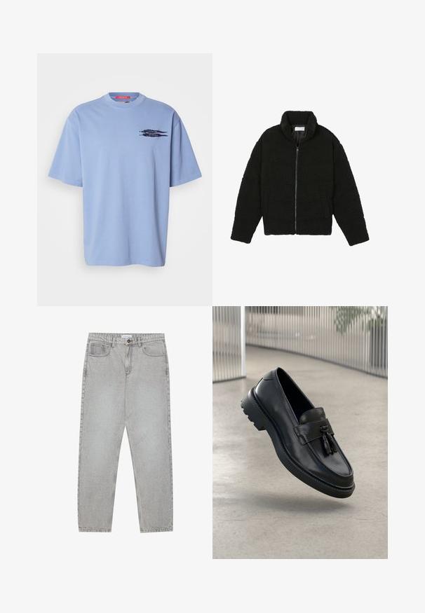 Black, fluffy, zip-up jacket made from textured fleece fabric. Features a high collar and side pockets. Rectangular body shape with long sleeves.; Light blue short-sleeve t-shirt made of cotton. Features a crew neckline and a black graphic of arrows on the left chest area.; Light grey denim pants with a straight-leg design, five-pocket styling, and a button closure. Visible stitching along the seams.; Black leather loafers with a smooth finish, decorative tassel, thick rubber sole, and stitched accents. Lightweight and sleek design.