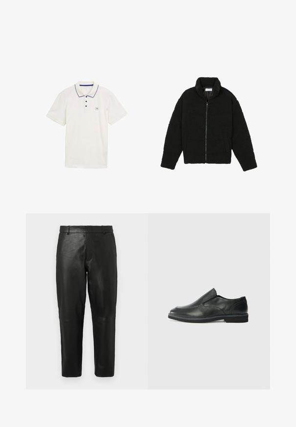 Zwarte, pluizige jas met ritssluiting gemaakt van gestructureerde fleece stof. Heeft een hoge kraag en zijzakken. Rechthoekige lichaamsvorm met lange mouwen.; Witte polo shirt van katoen, met een tweeknopssluiting, marineblauwe kraag en mouwaccenten, en een klein logo op de borst.; Zwarte leren rechte broek met riemlussen en zijzakken, weergegeven tegen een effen lichte achtergrond.; Zwarte leren instapper met een soepele bovenkant, gestikte accenten, ronde neus en een lage rubberen hak. De zool heeft minimale profiel.