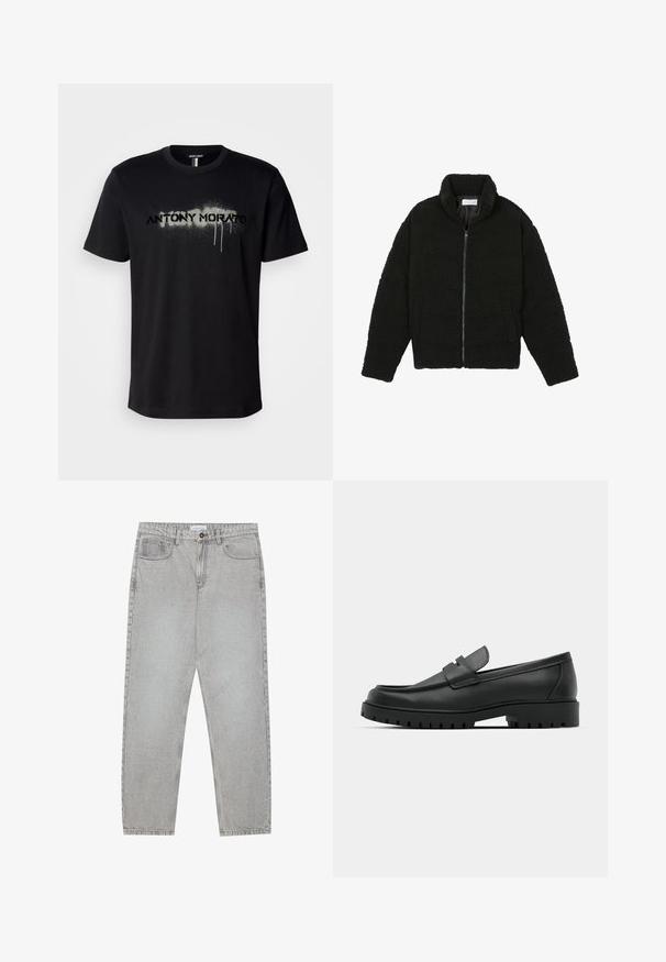Pier One Flīsa jaka - black; Melnas kokvilnas T-kreklis ar grafiku "ANTONY MORATO", kas izpūstas pelēkā krāsā ar pilēšanas detaļām, īsām piedurknēm un apļa izgriezumu.; Gai pelēko džinsu bikses ar taisnajām kājām, piecu kabatu stilu un pogu aizdari. Redzama šuvju apstrāde gar šuvēm.; Melnas ādas loafers ar noapaļotu purngalu, ar izšūtu dizainu, zemu platformas zoli un teksturētu, rievotu gumijas ārējo zoli.