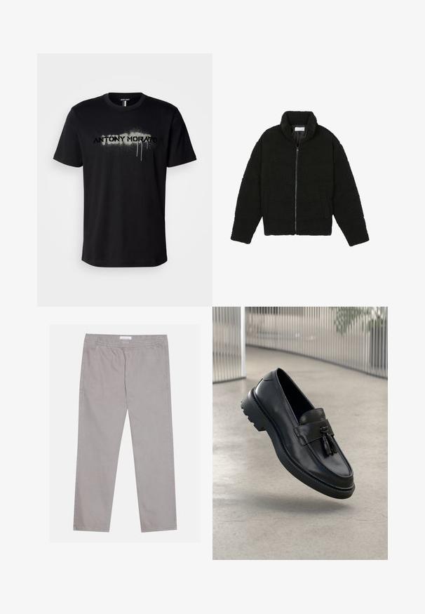 Crna, mekana jakna na patent izrađena od tkanine teksturiranog flisa. Ima visok ovratnik i bočne džepove. Pravokutnog je kroja s dugim rukavima.; Crna pamučna majica s grafikom u obliku isprskanog teksta "ANTONY MORATO" u sivoj boji s detaljima u skladu s kapljicama, kratkih rukava i okruglog izreza.; Svijetlosive pamučne hlače s elastičnom pojasom, dva bočna džepa, ravni kroj nogavica i glatka tekstura. Jednostavni detalj šivanja.; Crne kožne mokasinke s glatkim završetkom, ukrasnom resom, debelim gumenim đonom i ušivenim detaljima. Lagan i elegantan dizajn.
