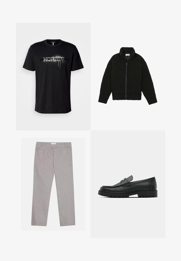 Must, kohev lukuga jope, valmistatud tekstureeritud fliiskangast. Omadusteks kõrge krae ja küljetaskud. Ristkülikukujuline keha pikkade varrukatega.; Must have must t-särk mustast puuvillast, millel on hall spray-kirja „ANTONY MORATO“ tilkuvate detailidega, lühikesed varrukad ja ümar kaelus.; Heledad hallid puuvillased püksid, millel on elastne vöökoht, kaks külgtaskut, sirge jala disain ja sile tekstuur. Lihtne õmbluse detail.; Mustad musta nahast loafers, millel on ümar varvas, tikandiga disain, madal platvorm-soon ja tekstureeritud, soonikkummist välistald.