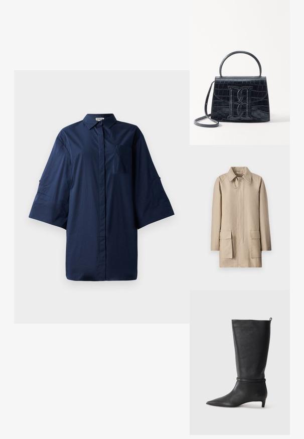 Filippa K PATCH POCKET JACKET - Rövid kabát - khaki beig; Sötétkék, gombos ing, hegyes gallérral, rövid, széles ujjal és mellzsebbel; sima anyag, egyszínű mintával.; Fekete bőr, térd fölé érő csizma, hegyes orral, kör alakú pánttal a bokán és alacsony, keskeny sarkú. Simára csiszolt textúra.; Fekete krokodilbőr hatású kézitáska, amelynek strukturált kialakítása van, felső fogantyúval, állítható pánttal és egy kiemelkedő elülső logó részlettel.