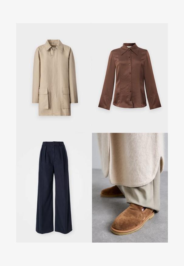 Filippa K PATCH POCKET JACKET - Īss mētelis - khaki beig; Brūna satīna krekls ar klasisku apkakli, garām piedurknēm un priekšējo pogu aizdari. Izceļas ar gludu tekstūru un izgrieztu piegriezumu.; Tumši jūras zilo platā kāju bikses, izgatavotas no kokvilnas, ar ieripinājumiem priekšpusē, augstu jostasvietu un rāvējslēdzēja atvērumu ar pogas aizdari.; Brūni zamša slaidi apavi ar noapaļotu purngalu, gumijas zoli un sānu izgriezumiem, apvienoti ar gaiši beigtām piegriezuma biksēm.