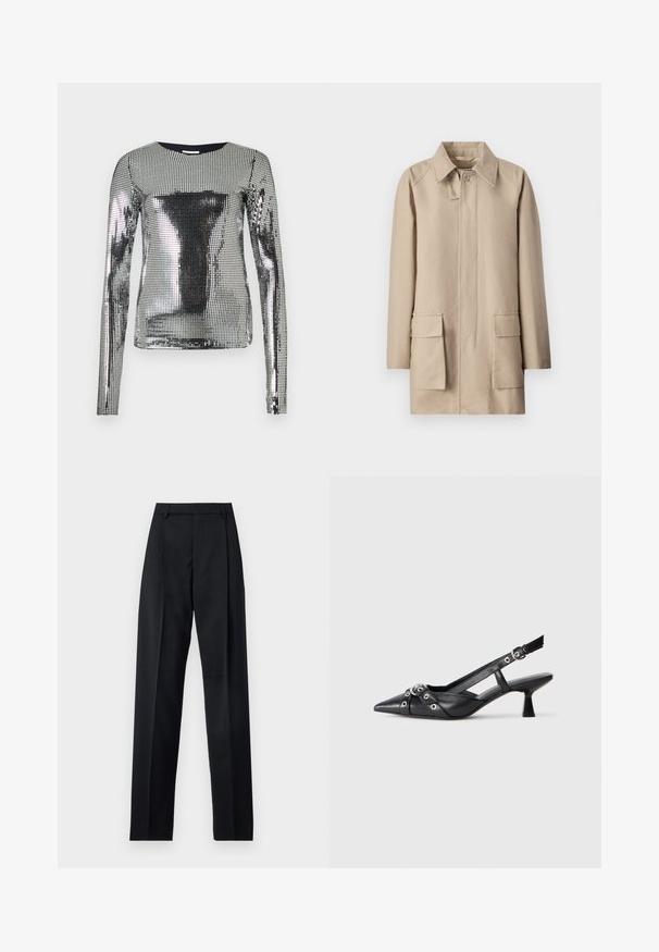 Filippa K PATCH POCKET JACKET - Short coat - khaki beig; Silver long-sleeve top covered in small reflective sequins, round neckline, fitted design, smooth texture, with an even shimmering surface.; Black trousers made from smooth fabric featuring a high waist, wide legs, front pleats, and classic belt loops. No side pockets visible.; Black leather slingback shoe with a pointed toe, decorative straps featuring metal eyelets, and a low block heel. Textured surface.