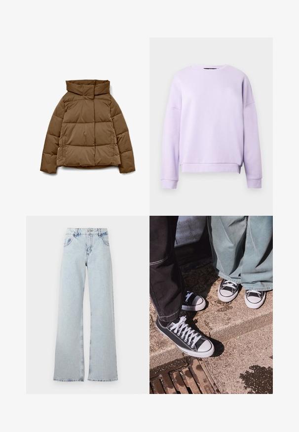 Casaco acolchoado castanho com gola alta, formato quadrado, padrão acolchoado horizontal e bolsos laterais. Fabricado em tecido liso e resistente.; Sweatshirt lavanda com decote redondo, ombros caídos, punhos canelados e bainha reta. Feito de um tecido suave e texturizado.; Jeans de perna larga azul claro feitos de denim, apresentando uma cintura alta, passadores de cinto, cinco bolsos e áreas desbotadas para um aspeto vintage.; Sapatilhas baixas em tela preta com bicos e cordões de borracha brancos, combinadas com calças de ganga largas verdes, sobre uma superfície de pedra texturizada.