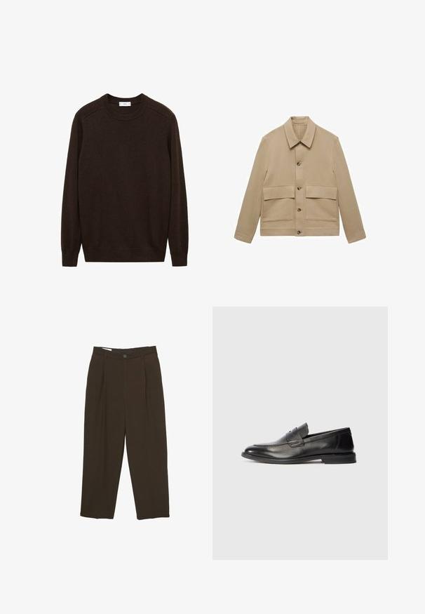 Beige canvas jas met een kraagontwerp, voorzien van twee grote voorzakken en een sluiting met knopen aan de voorkant, rechte mouwen en een soepele textuur.; Bruine gebreide trui met een ronde hals, geribde mouwen en zoom. Beschikt over een gestructureerde afwerking en raglanmouwen voor een relaxte pasvorm.; Donkere bruine op maat gemaakte broeken met voorplooien, riemlussen en een knoopsluiting in de taille.; Zwarte leren herenslipper met een lage hak en een horizontale banddetail bovenop, weergegeven vanaf de zijkant op een witte achtergrond.