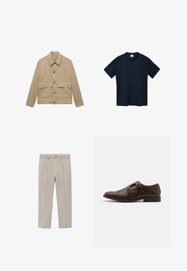 Bežová plátěná bunda s golierom, ktorá má dve veľké predné vrecká a predné zapínanie na gombíky, rovné rukávy a hladkú textúru.; Tmavomodré tričko s krátkym rukávom vyrobené z jemnej bavlny, s okrúhlym výstrihom a čistým, rovnomerne strihaným lemom bez viditeľných vzorov.; Svetlo béžové nohavice vyrobené z bavlnenej zmesi, s rovnými nohavicami, prednými záhybmi, zapínaním na gombík a bočnými vreckami.; Hnedé kožené spoločenské topánky s špicatou špičkou, vybavené dvoma nastaviteľnými prackami a elegantným nízkoprofilovým dizajnom. Ploché čierne gumové podrážky.