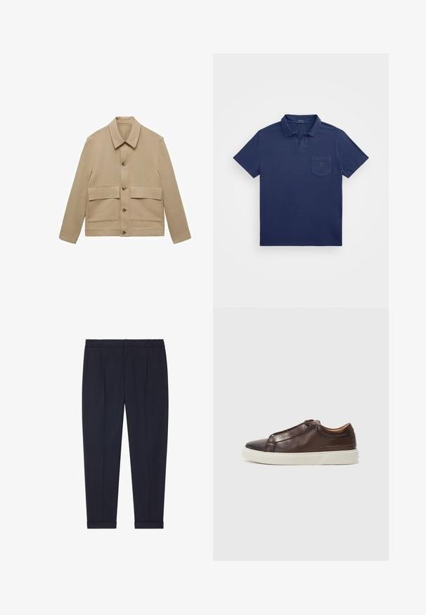 Bež jakna od platna s ovratnikom, koja ima dva velika prednja džepa i prednje dugme za zatvaranje, ravne rukave i glatku teksturu.; Polo majica tamnoplave boje s kratkim ovratnikom, džepom na prsima i izvezenim logotipom. Izrađena od mekog, teksturiranog materijala.; Mornarske hlače napravljene od glatkog materijala s prilagođenim krojem, s dva prednja džepa i manžetama na gležnjevima.; Smeđe kožne tenisice s okruglim vrhom, kontrastnom bijelom gumenom potplatom, prošivenim detaljima i bez vidljivih vezica. Sveukupno glatka tekstura.