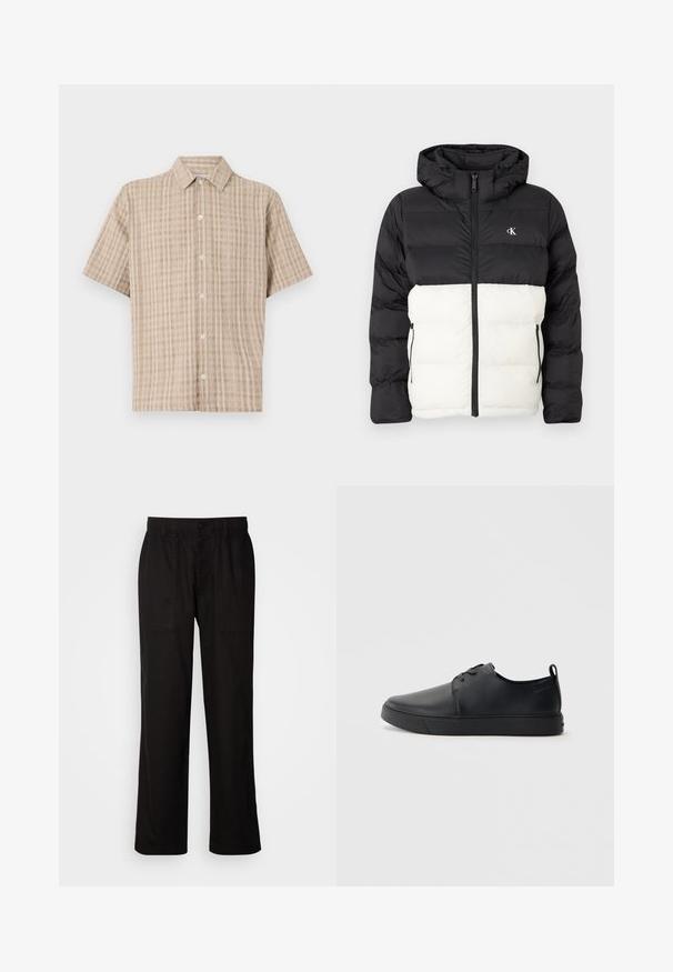 Melnās un baltās krāsas siltināta jaka ar kapuci, ar rāvējslēdzēju, divām sānu kabatām ar rāvējslēdzēju un logotipu uz krūškurvja. Strukturēts, silts dizains.; Beige krāsu īsām piedurknēm apģērbs ar apkakli un pārbaudes rakstu. Izgatavots no teksturēta auduma, ar pogām uz priekšu un brīvu piegriezumu.; Melnas bikses ar brīvu piegriezumu, izgatavotas no viegla auduma. Tām ir elastīga jostasvieta, pogu aizdare un divas priekšējās kabatas.; Melnas ādas kedas ar gludu apdari, noapaļota purngala, tonāla šuvēm, auklu fronti un plakanu gumijas zoli. Cilpa pie papēža.