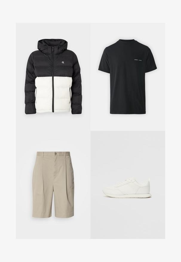 Chaqueta acolchada en blanco y negro con capucha, que cuenta con cierre de cremallera, dos bolsillos laterales con cremallera y logo en el pecho. Diseño texturizado y cálido.; Camiseta de algodón negra con cuello redondo clásico, mangas cortas y dos pequeños logotipos blancos "SAMSØE" en el pecho izquierdo.; Bermudas de algodón beige con pliegues en la parte delantera, cierre con botón en la cintura y bolsillos laterales. Textura suave y corte a la altura de la rodilla.; Zapatilla blanca con parte superior de malla y sintético, puntera redonda, cordones planos y una franja lateral texturizada. Suela de goma con un tirador en la parte posterior.