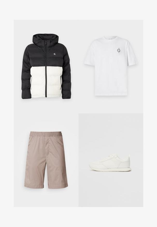 Schwarz-weißes gepolstertes Jacket mit Kapuze, ausgestattet mit einem Reißverschluss, zwei seitlichen Reißverschlusstaschen und einem Logo auf der Brust. Strukturierter, warmer Stil.; Weißes Baumwoll-T-Shirt mit lockerer Passform, das ein kleines schwarzes Grafiklogo auf der linken Brustseite aufweist. Kurze Ärmel, Rundhalsausschnitt.; Beige Shorts mit elastischem Bund, glatter Textur, knielangem Schnitt und ohne sichtbare Muster oder Hardwaredetails.; Weißer Sneaker mit einem Obermaterial aus Mesh und Synthetik, runder Zehenform, flachen Schnürsenkeln und einem strukturierten Seitenstreifen. Gummisohle mit einer Lasche hinten.
