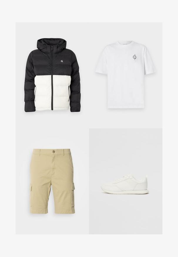 Fekete-fehér steppelt kabát kapucnival, cipzáras záródással, két oldalán cipzáros zsebekkel, és logóval a mellrészen. Textúrált, meleg kialakítás.; Fehér pamut póló laza szabással, kis fekete grafikai logóval a bal mellen. Rövid ujjak, kerek nyakkivágás.; Khadzsák kültéri nadrág, amely pamutból készült, sima textúrával rendelkezik, oldalsó zsebekkel és gombos derékmegoldással.; Fehér sneaker hálós és szintetikus felsőrésszel, kerek orral, lapos fűzőkkel és textúrázott oldalsávval. Gumi talp hátul húzófüllel.