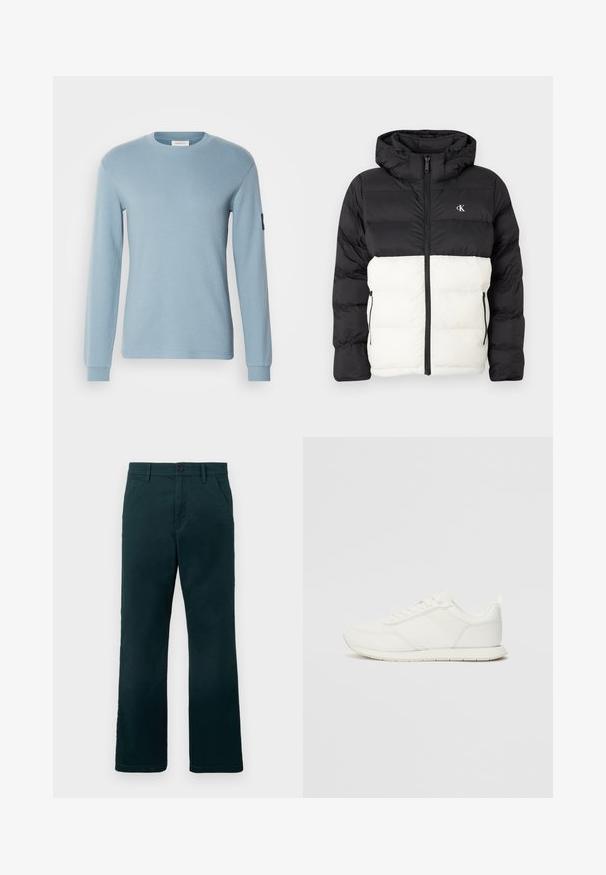 Svart och vit vadderad jacka med huva, har dragkedjestängning, två sidofickor med dragkedja och logotyp på bröstet. Texturerad, varm design.; Ljusblå långärmad skjorta med rund halsringning och texturerad tyg. Har manschetterade ärmar och en liten svart logopatch på vänster arm.; Mörkgröna raka byxor med bälteshällor, sidofickor och en knappstängning på en plain vit bakgrund.; Vita sneakers med ett överdel i mesh och syntetmaterial, rund tå, platta snörning, och ett texturerat sidostreck. Gummisula med en dragflik bak.