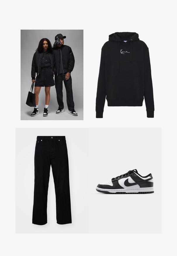 Két figura fekete sportos öltözéket visel: bombázó dzsekit, kapucnis felsőt, sortot és teniszkontyot. Kiegészítők között szerepel egy fekete vászontáska és egy mintás kendő.; Fekete kapucnis pulóver puha anyagból, elülső zsebbel, húzózsinórral és fehér logóhímzéssel a mellkason. Klasszikus szabású és bordázott mandzsettával.; Only & Sons ONSFIVE BAGGY - Túlméretezett farmernadrág - black; Fekete-fehér Nike Dunk sportcipők, bőr felső résszel, perforált orrral, fekete fűzőkkel és fekete gumitalppal, amelyen barázdás minta található.