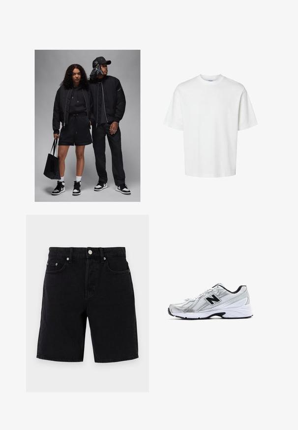 To personer har sort sportstøj på: bomberjakker, hættetrøjer, shorts og sneakers. Tilbehøret omfatter en sort tote og et mønstret bandana.; Hvid bomulds T-shirt med korte ærmer, rund halsudskæring og en afslappet pasform. Glat tekstur uden synlige mønstre eller detaljer.; Sorte denimshorts med lige skæring, der har lukning med knap og lynlås, bæltestropper og forlommer. Glat tekstur, minimal dekoration.; Sølv atletisk sko med mesh-materiale, sorte accenter, perforeret design og en polstret hvid sål. Har et fremtrædende 'N' logo.