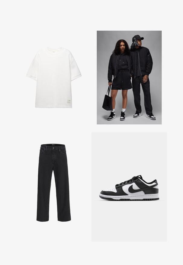 To personer har sort sportstøj på: bomberjakker, hættetrøjer, shorts og sneakers. Tilbehøret omfatter en sort tote og et mønstret bandana.; PULL&BEAR SHORT SLEEVE - PLUSH - T-shirts basic - white; Sorte denim jeans med lige ben, knap- og lynlåslukning, bæltestropper samt for- og baglommer.; Sort og hvid Nike Dunk sneakers med læderoverdel, perforeret tå, sorte snørebånd og en sort gummisål med slidbanedesign.