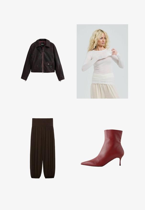 Zwarte en bordeauxkleurige cropped leren jas met een kraag, een voormezip en een borstzak met een drukknoopdetail.; Langermige, doorschijnende witte top met een getailleerde stijl. Lichte stof met een zachte textuur. Model past de mouw aan en draagt een crèmekleurige broek.; Bruine geplooide broek met een brede, elastische tailleband. De stof is lichtgewicht en gestructureerd, met gatherse randen bij de boorden.; Rode leren enkellaars met een puntige neus, strakke bovenkant en een slanke hak. Glad textuur, stijlvolle ontwerp en een hoogcontrast zwarte zool.