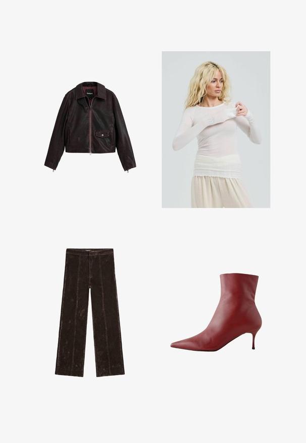 Zwarte en bordeauxkleurige cropped leren jas met een kraag, een voormezip en een borstzak met een drukknoopdetail.; Langermige, doorschijnende witte top met een getailleerde stijl. Lichte stof met een zachte textuur. Model past de mouw aan en draagt een crèmekleurige broek.; Wijdlopende broek in donkerbruin, met een suède-achtige textuur, verticale stiksels en een elastische tailleband voor comfort.; Rode leren enkellaars met een puntige neus, strakke bovenkant en een slanke hak. Glad textuur, stijlvolle ontwerp en een hoogcontrast zwarte zool.