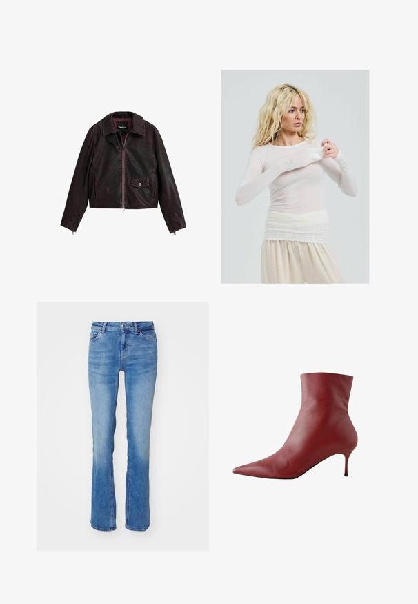 Must ja burgundi värvi lühike nahkjakk, millel on krae, esi tõmblukk ja rinna tasku, millel on nööbiga detail.; Pika pikkade varrukatega, läbipaistev valge top, mis on sobivast lõikega. Kerge kangas, millel on sile tekstuur. Mudel kohandab varrukaid, kandes kreemjalgu.; Heledad sinine denimist teksad sirge jala kujundusega, viis taskut, nööbiga sulgemine ja õrn pleekimine reite peal.; Punane nahast kõrge säärega saabas terava varbaga, tiheda ülaosaga ja kitsase kandaga. Sile tekstuur, stiilne disain ja tugevalt kontrastiv must tald.