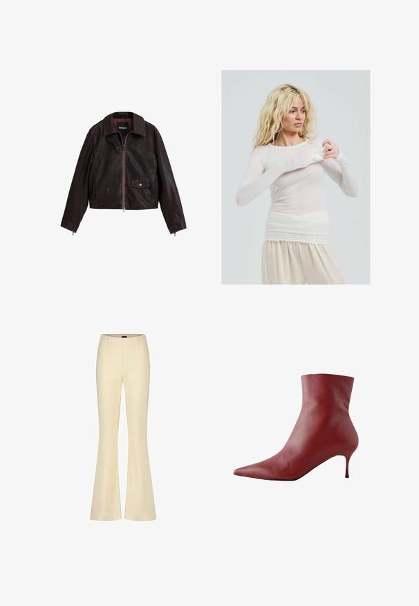 Schwarze und burgunderfarbene cropped Lederjacke mit Kragen, Frontreißverschluss und einer Brusttasche mit Druckknopfdetail.; Langärmliges, transparentes weißes Oberteil mit taillierter Passform. Leichter Stoff mit glatter Textur. Das Model passt den Ärmel an und trägt cremefarbene Hosen.; Beige ausgestellte Hose mit strukturiertem Streifenmuster, hoher Taille, Reißverschluss und Fronttaschen. Weicher Stoff mit glatter Oberfläche.; Rote Leder-Ankle-Boots mit spitzer Zehe, schmalem Schaft und schlankem Absatz. Glatte Textur, elegantes Design und hochkontrastierende schwarze Sohle.