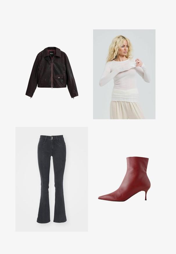 Must ja burgundi värvi lühike nahkjakk, millel on krae, esi tõmblukk ja rinna tasku, millel on nööbiga detail.; Pika pikkade varrukatega, läbipaistev valge top, mis on sobivast lõikega. Kerge kangas, millel on sile tekstuur. Mudel kohandab varrukaid, kandes kreemjalgu.; Mustad flared teksad, millel on kõrge vöökoht, kaks esipockets ja kaks tagapocketit, samuti nähtavad õmbluse detailid.; Punane nahast kõrge säärega saabas terava varbaga, tiheda ülaosaga ja kitsase kandaga. Sile tekstuur, stiilne disain ja tugevalt kontrastiv must tald.