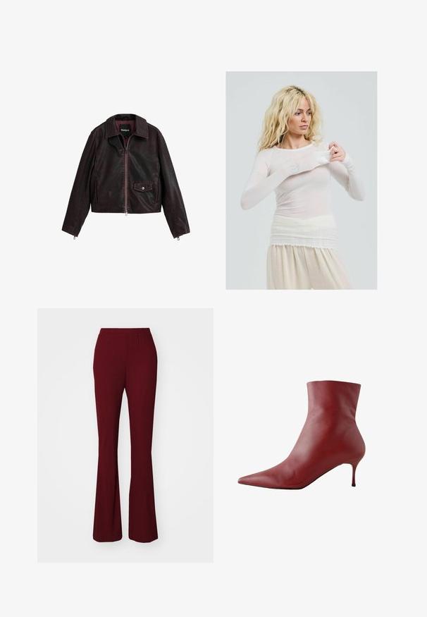 Fekete és bordó rövid bőrkabát, gallérral, elöl cipzárral és mellzsebbel, amely patentos részlettel rendelkezik.; Hosszú ujjú, áttetsző fehér blouse, amely illeszkedő stílusú. Könnyű anyag, sima tapintású. A modellen a hüvely igazítása látható, krém színű nadrágot visel.; Burgundi színű, bordázott, trapéz fazonú nadrág rugalmas derékrésszel. Simább felülete és szabott fazonja van, amely a trapéz szegélyig terjed.; Piros bőr bokacsizma hegyes orral, szűk felsőrésszel és karcsú sarokkal. Simább textúra, elegáns dizájn és erős kontrasztú fekete talp.