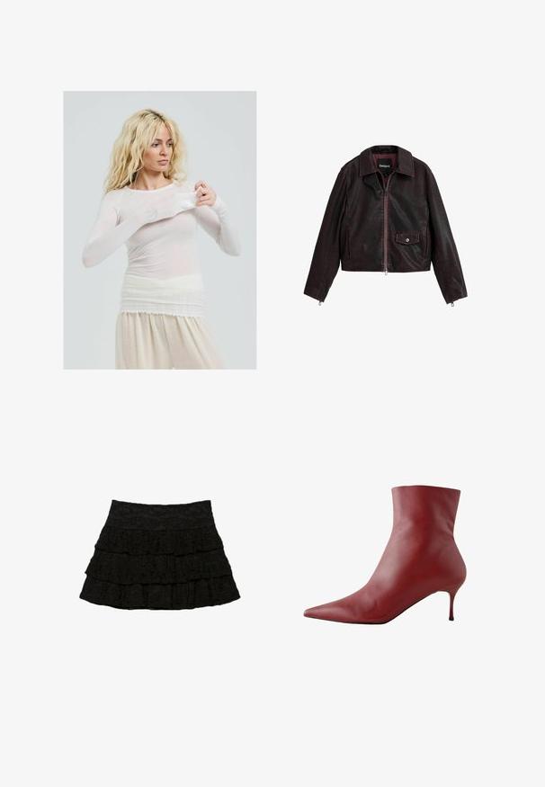 Čierna a bordová skrátená kožená bunda s golierom, predným zipsom a náprsné vrecko s detailom na cvok.; Dlhý rukáv, priehľadný biely top s priliehavým strihom. Ľahký materiál s hladkou textúrou. Model si upravuje rukáv, má na sebe krémové nohavice.; Čierna sukňa s viacerými vrstvami ruflí s textúrovaným kvetinovým vzorom. Elastický pás pre komfort a prispôsobenie.; Červená kožená členková čižma s špicatou špičkou, prispôsobeným vrchom a úzkym podpätkom. Hladký povrch, elegantný dizajn a vysokokontrastná čierna podrážka.