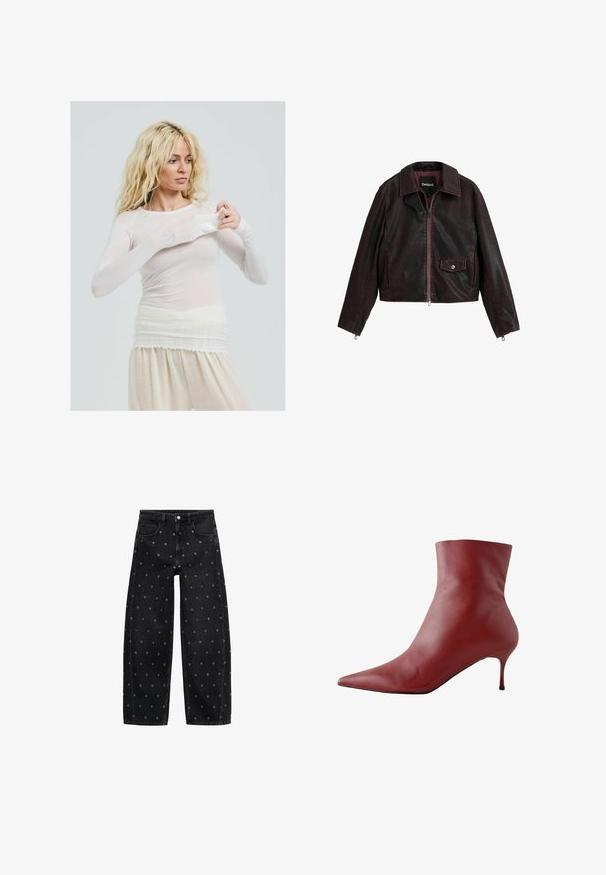 Černá a burgundská zkrácená kožená bunda s límcem, předním zipem a náprsní kapsou se zapínáním na patentku.; Dlouhý rukáv, průhledný bílý top s přiléhavým střihem. Lehká látka s hladkým povrchem. Modelka si upravuje rukáv a má na sobě krémové kalhoty.; Černé denimové široké kalhoty s vzorem malých stříbrných očínek, klasickým pětikapsovým designem a zapínáním na knoflík.; Červená kožená kotníková bota s špičatou špičkou, přiléhavým svrškem a štíhlým podpatkem. Hladká textura, elegantní design a vysoce kontrastní černá podrážka.