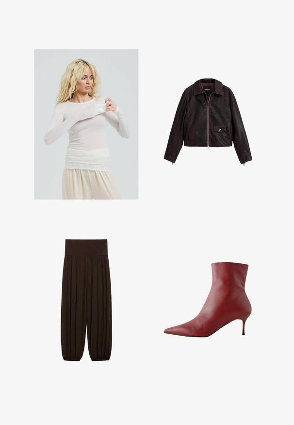 Jachetă din piele neagră și burgundy, scurtă, cu guler, fermoar frontal și un buzunar pe piept cu detaliu de nasture cu prindere.; Top alb transparent cu mânecă lungă, cu un stil ajustat. Material ușor, cu o textură netedă. Modelul își ajustează mâneca, purtând pantaloni crem.; Pantaloni plisati maro cu un talie elastică și lată. Țesătura este ușoară și texturată, având tivuri strânse la manșete.; Botină roșie din piele, cu vârful ascuțit, partea superioară ajustată și toc subțire. Textură netedă, design elegant și talpă neagră cu un contrast puternic.