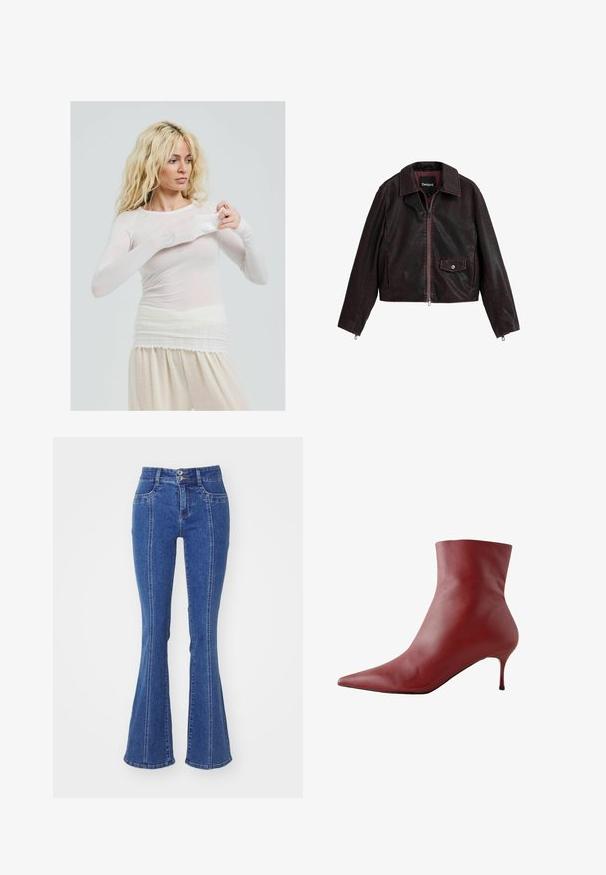 Must ja burgundi värvi lühike nahkjakk, millel on krae, esi tõmblukk ja rinna tasku, millel on nööbiga detail.; Pika pikkade varrukatega, läbipaistev valge top, mis on sobivast lõikega. Kerge kangas, millel on sile tekstuur. Mudel kohandab varrukaid, kandes kreemjalgu.; Kõrge vöökohaga laienevad teksapüksid, helesinised, kaheteistkümne nööbiga kinnitusega, viie tasku disainiga ja kontrastsete külgõmblustega.; Punane nahast kõrge säärega saabas terava varbaga, tiheda ülaosaga ja kitsase kandaga. Sile tekstuur, stiilne disain ja tugevalt kontrastiv must tald.