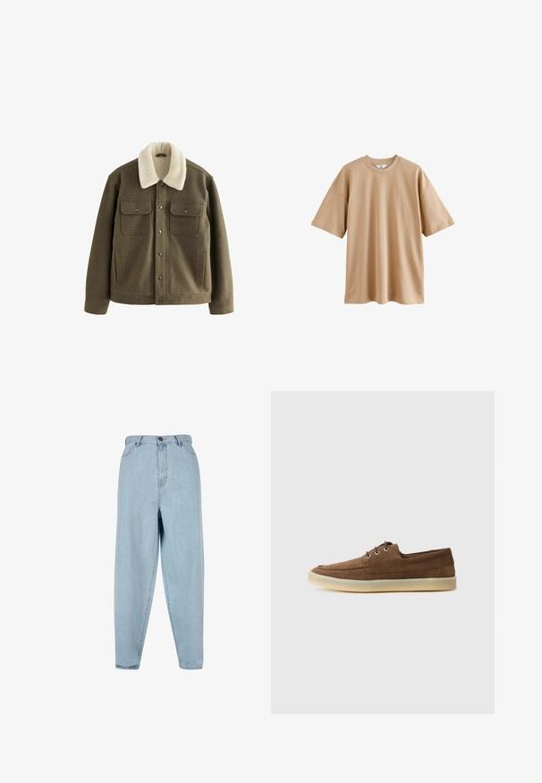 Ruskopäinen villasekoitteinen takki, jossa on kerma värinen tekoshakin kaulus, napitettava etuosa ja kaksi rintataskua, sisältäen teksturoidun kankaan.; Vaaleanbeige lyhythihainen t-paita, joka on valmistettu puuvillasta, pyöreällä kaula-aukolla ja rentoa istuvuutta. Materiaali on sileä, eikä siinä ole kuvioita tai koristeita.; Vaaleansiniset korkeavyötäröiset farkut, joissa on rento leikkaus. Ominaisuuksiin kuuluu etunappi, vetoketju ja viisi taskua. Hieman haalistunut kangas.; Ruskeat mokkanahkakengät, joissa on matala profiili, nauhakiinnitys, kumipohja ja erottuvat ommellut yksityiskohdat. Yksinkertainen ja toiminnallinen tyyli.