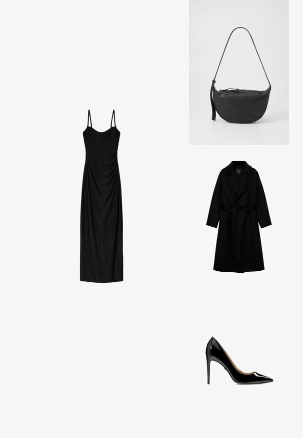 Čierny kabát z vlnenej zmesi s rozparkovým golierom, dlhými rukávmi a zladeným opaskom v páse. Obsahuje minimalistický dizajn a hladkú textúru.; Čierne midi šaty s tenkými nastaviteľnými ramienkami, s prekrývajúcim sa dizajnom a hladkou textúrou. Žiadne viditeľné vzory ani zdobenie.; Čierne lakované vysoké podpätky, špicaté špičky, elegantný silueta a štíhlé ihlové podpätky s hladkým, lesklým povrchom.; Čierna kožená taška na rameno s oblým tvarom, jedným popruhom, zipsovým uzáverom a jemným šitím okolo tela.