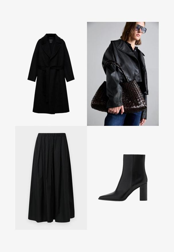 Schwarzer Wollmischmantel mit Reverskragen, langen Ärmeln und einem passenden Gürtel in der Taille. Verfügt über ein minimalistisches Design und eine glatte Textur.; Weißer, langärmeliger, gerippter Strickpullover mit leicht bootförmigem Ausschnitt und geradem Saum.; Schwarzer, plissierter Rock aus leichtem Stoff mit elastischem Bund. Bodenlang mit glattem Textur und minimalistischer Gestaltung.; Schwarze Leder-Ankle Boots mit spitzem Zehenbereich, quadratischem Absatz, glatter Textur und Nähten entlang der Nähte. Die Absätze messen ungefähr 8,9 cm.; DRAGON DIFFUSION SANTA CROCE BIG - Handtasche - dark brown