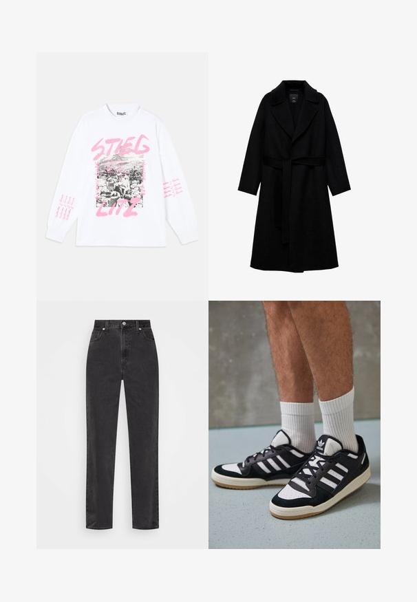 Černý kabát z vlněné směsi s klopovým límcem, dlouhými rukávy a odpovídajícím pásem v pasu. Má minimalistický design a hladký povrch.; Bílé tričko s dlouhým rukávem a grafickým potiskem, který obsahuje černobílé obrázky a růžový text, včetně slova "STIEGLITZ" a opakovaných frází na rukávech.; Černé džíny se rovnými nohavicemi a vysokým pasem, se zapínáním na knoflík a zip, a pěti kapsami na bílém pozadí.; Černobílé tenisky s vrchní částí z semišové a kožené kůže, včetně tří bílých pruhů, perforovaného špičky a podrážky z gumy.