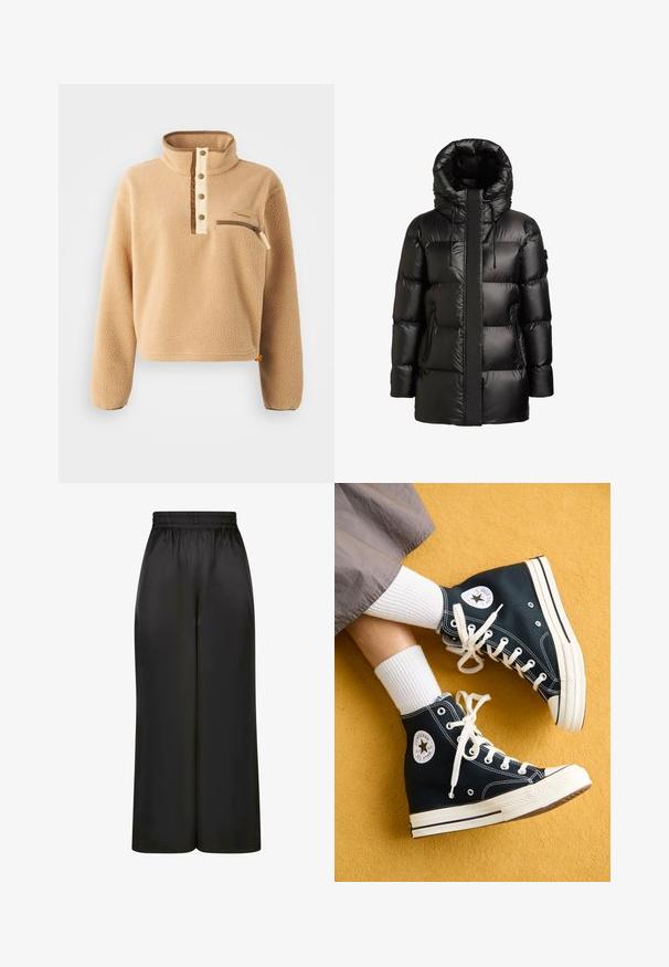 Juoda pūkinė striukė su aukštu apykakle ir gaubtu. Turi blizgią apdailą, siuvinėtus skydelius ir dvi šonines kišenes su užtrauktukais.; Bežinis fliso megztinis su aukštu apykakle, puse mygtuko ir kairiu krūtiniu užtraukiamu kišenė. Textūrinė medžiaga su rudos spalvos akcentais.; Juodos plačios kelnės, pagamintos iš lygaus, blizgaus audinio, su elastinga juosmens juosta ir be matomų kišenių ar aparatūros detalių.; Juodos aukštos kanvos sportbačiai su baltais raišteliais ir guminiais padais, ant išorinės pusės esantis apvalus Converse All Star logotipas.