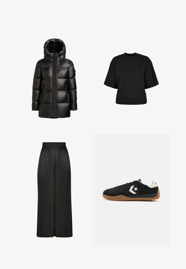 Giacca imbottita nera con collo alto e cappuccio. Presenta una finitura lucida, pannellature cucite e due tasche laterali con zip.; Maglietta nera cropped realizzata in cotone. Presenta maniche corte e un collo rotondo. Tessuto liscio con un design semplice, senza ulteriori motivi.; Pantaloni neri a gamba larga realizzati in un tessuto liscio e lucido, con una vita elastica e senza tasche visibili o dettagli in metallo.; Sneaker in suede nero con tallone e logo in pelle bianca, dotato di suola in gomma testurizzata e design dei lacci piatti.