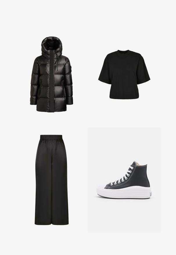 Fekete pufikabát magas gallérral és kapucnival. Fényes felülettel, varrott panelezéssel és két cipzáras oldalzsebbel rendelkezik.; Fekete, rövid ujjú, pamut crop póló. Kerek nyakkivágással rendelkezik. Simára készült textúrája van, egyszerű dizájn, nincs rajta további minta.; Fekete, bő szárú nadrág, sima, fényes anyagból, rugalmas derékrésszel, látható zsebek vagy fém részletek nélkül.; Fekete magas szárú sportcipő fehér fűzővel és gumitalppal. Simás bőrből készült, fehér varrási díszítésekkel.